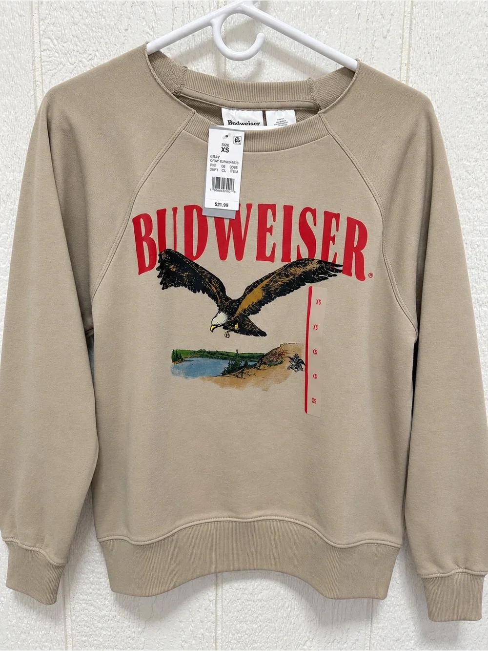 Budweiser Tan Crewneck Sweatshirt with Red Logo and Eagle Graphic